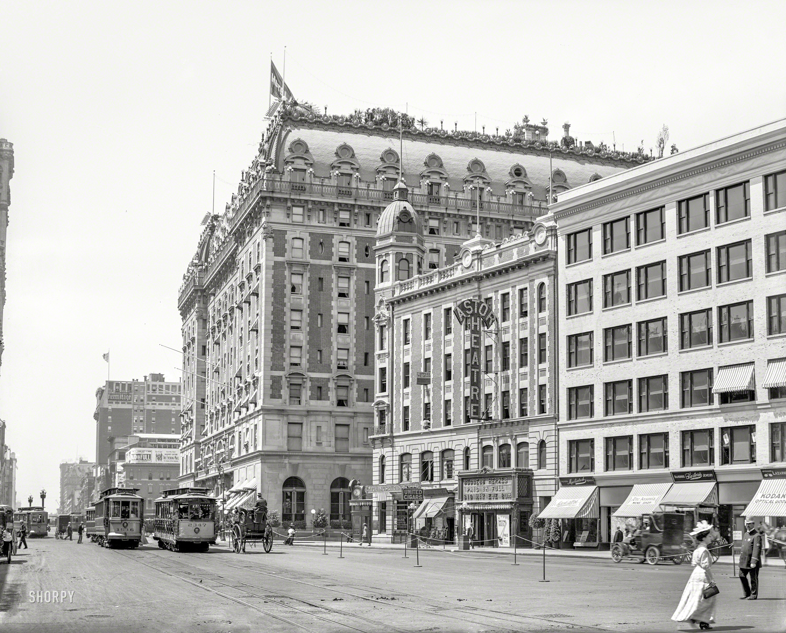 New York circa 1908. "Broadway at Times Square -- Hotel Astor and Astor Theatre." Now playing: Paid in Full, an "effective play," according to the New York Times. 8x10 inch glass negative, Detroit Publishing Company. View full size.