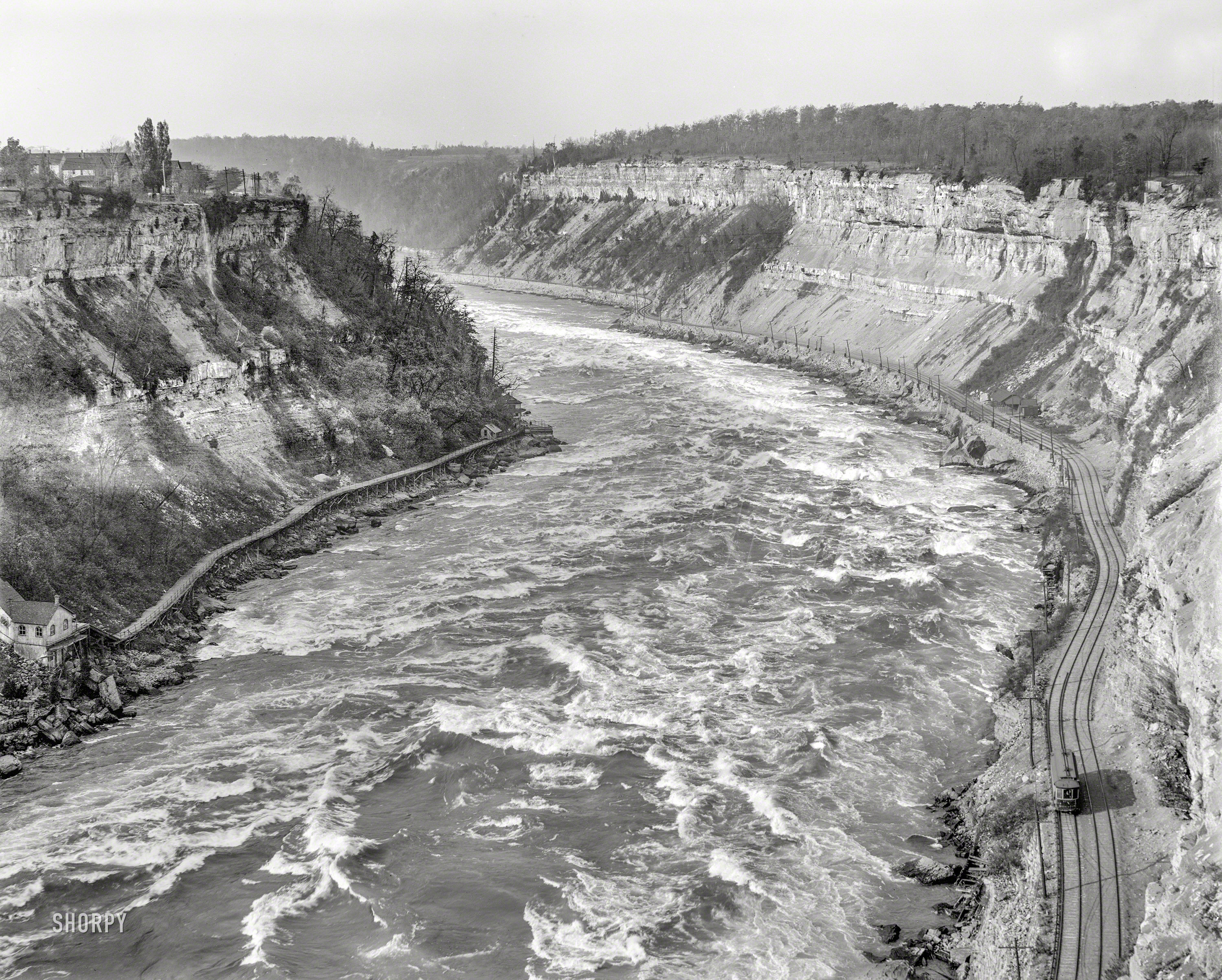 Circa 1900. "Whirlpool Rapids from Niagara Railway bridge, Niagara Falls, N.Y." 8x10 inch dry plate glass negative, Detroit Publishing Company. View full size.