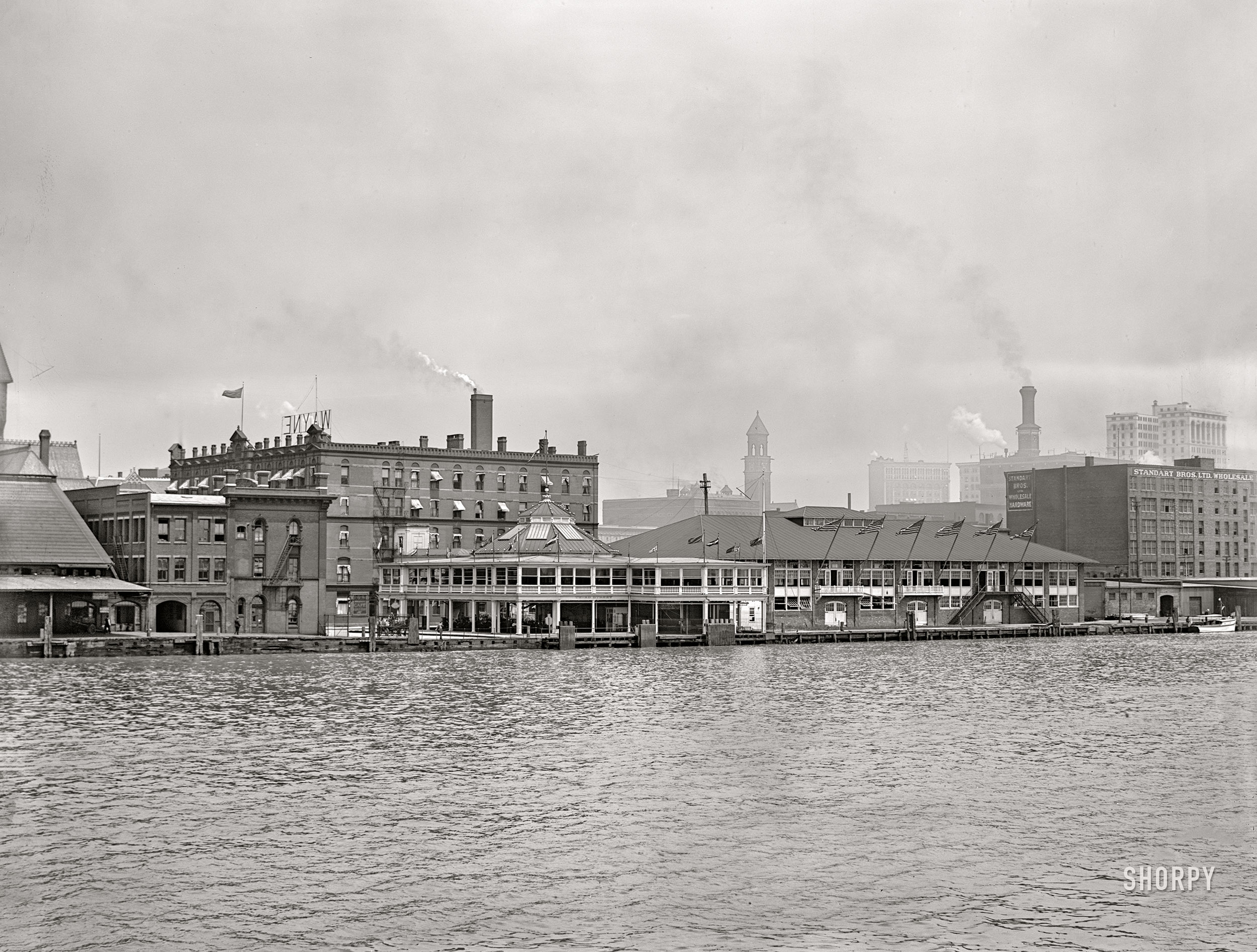 The Detroit River circa 1910. "Wayne Hotel and pavilion from the river." 8x10 inch dry plate glass negative, Detroit Publishing Company. View full size.