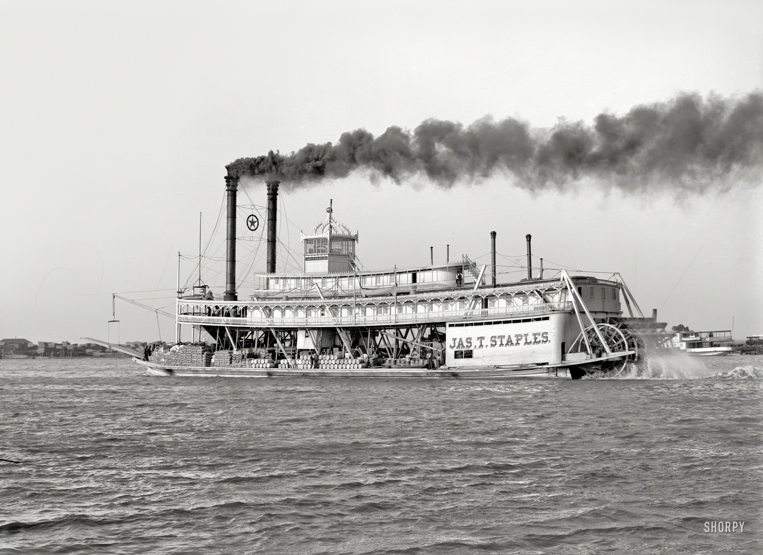 Mobile, Alabama. "River packet Jas. T. Staples." Sternwheeler steamboat (known as "Big Jim") launched at Mobile in 1908; plied the Tombigbee River between Demopolis and Mobile; destroyed in a boiler explosion at Powes Landing in 1913 at a cost of 26 lives, one week after its owner had killed himself with a shotgun. 8x10 inch dry plate glass negative, Detroit Publishing Company. View full size.