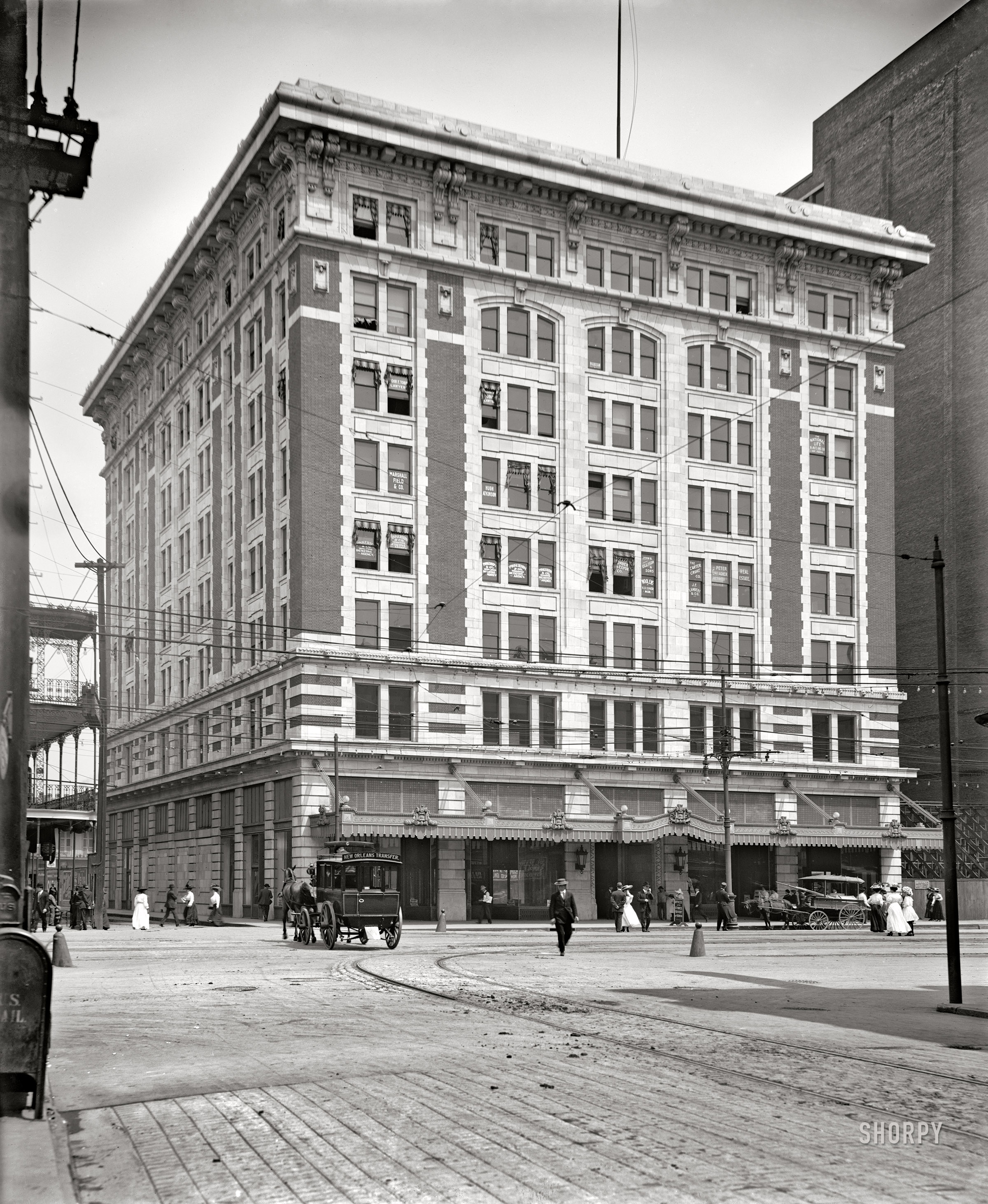 New Orleans circa 1910. "Audubon Building, Canal and Burgundy Sts." This former office building is now the Saint Hotel. 8x10 inch dry plate glass negative. View full size.