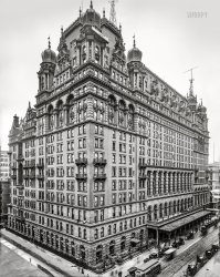 New York circa 1910. "Waldorf-Astoria Hotel, Fifth Avenue and West 34th Street." Note the radio masts on the roof; the 12 wires strung between the towers, 236 feet apart, are too faint to be seen. 8x10 inch dry plate glass negative, Detroit Publishing Company. View full size.