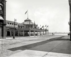 Detroit circa 1910. "Wayne Hotel pavilion, Third Street, Detroit River." Belle Isle Park steamers dock every 20 minutes! 8x10 glass negative. View full size.