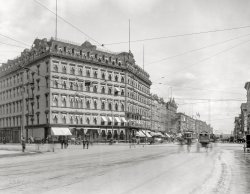 Detroit circa 1900. "Russell House, Woodward Avenue and Cadillac Square." Razed in 1905 to make way for the Hotel Pontchartrain. 8x10 inch dry plate glass negative. View full size.