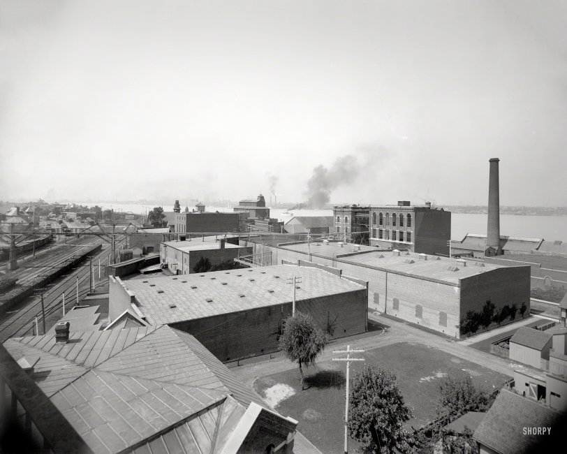 Circa 1899. "Hiram Walker &amp; Sons, Walkerville, Ontario." Premises of the venerable Canadian distillery. 8x10 inch glass negative. View full size.
