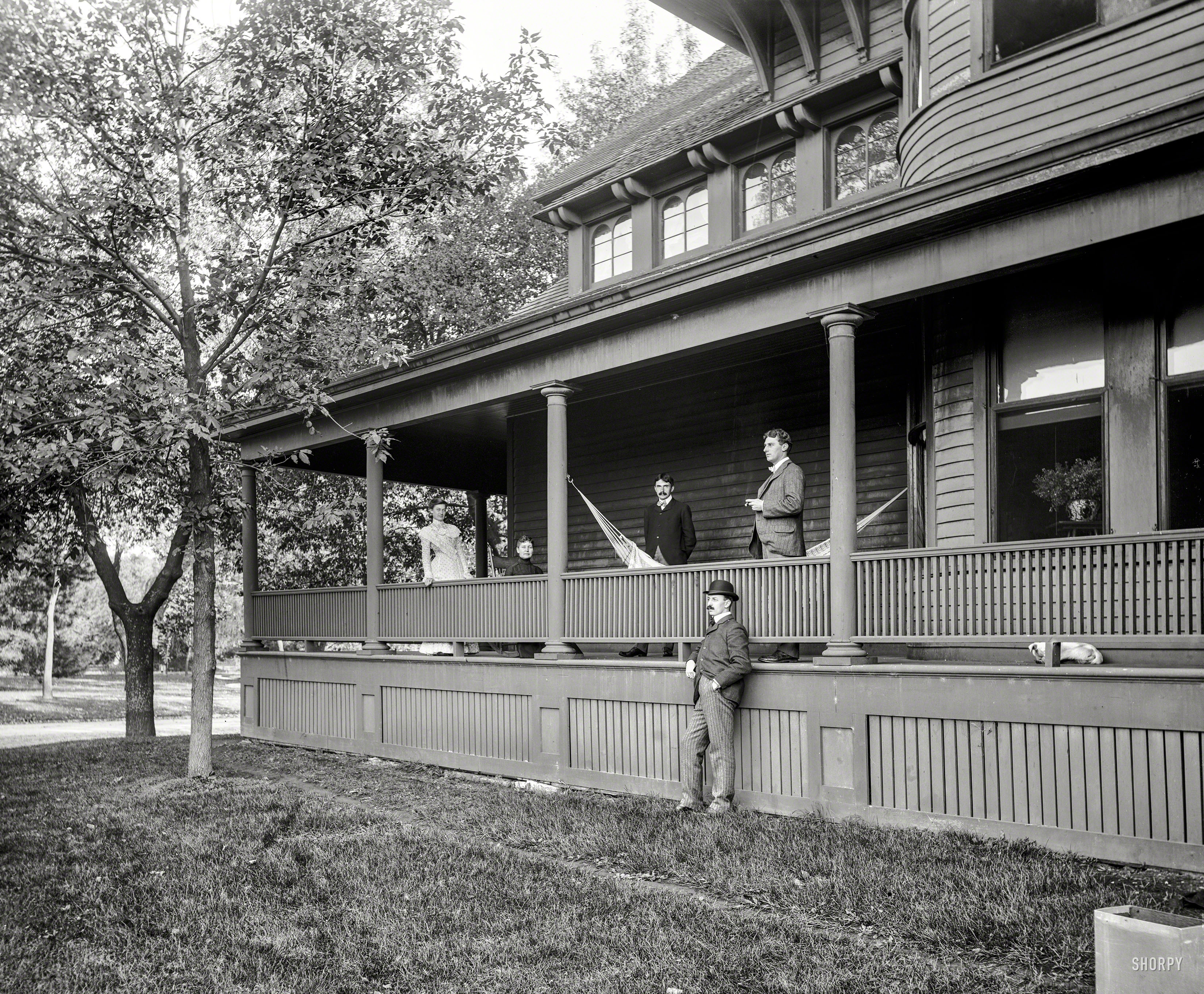 Circa 1900. "C.S. Jackson group on Dudley Walker's porch." In addition to any Walkers present, this would include relatives of photographer and Detroit Publishing partner William Henry Jackson -- possibly the family of his son Clarence. And a puppy of uncertain lineage. 8x10 glass negative. View full size.
