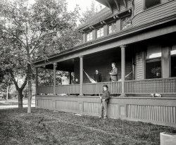 Circa 1900. "C.S. Jackson group on Dudley Walker's porch." In addition to any Walkers present, this would include relatives of photographer and Detroit Publishing partner William Henry Jackson -- possibly the family of his son Clarence. And a puppy of uncertain lineage. 8x10 glass negative. View full size.