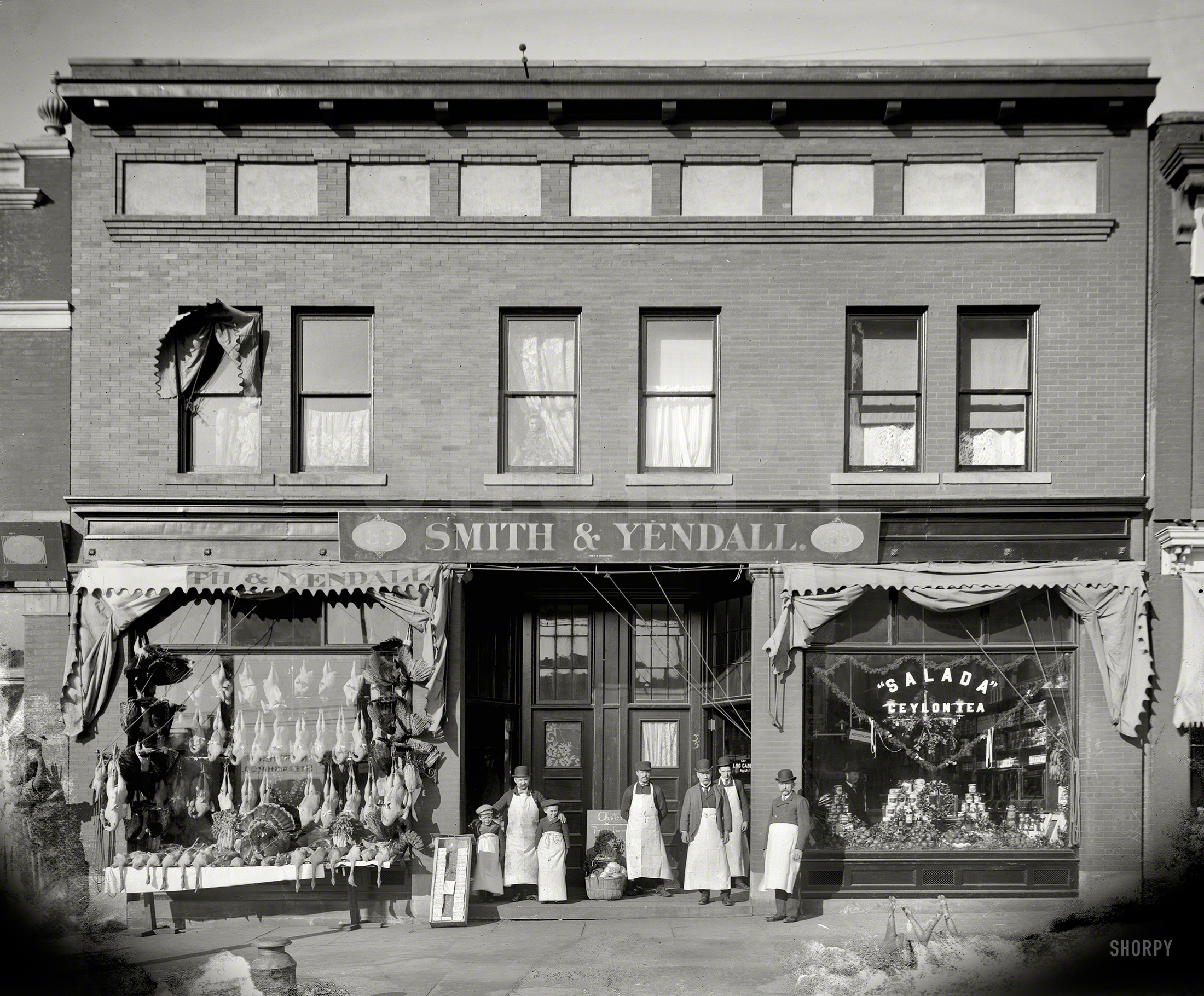 Detroit circa 1900. "Smith & Yendall, Grocers." Also butchers of poultry, dressed and undressed, & cetera. 8x10 inch dry plate glass negative. View full size.