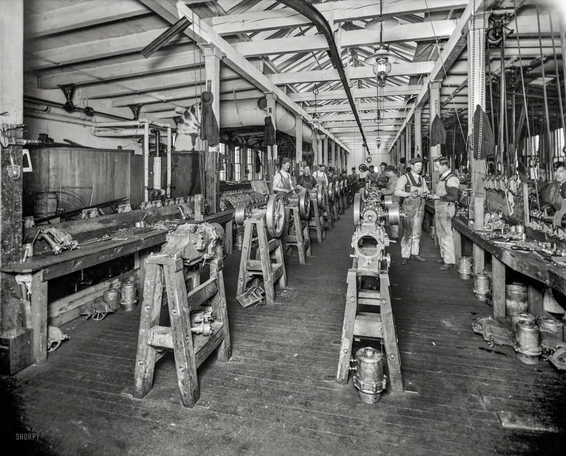 November 1903. "Assembling room, Leland &amp; Faulconer Manufacturing Co., Detroit. Men working in foundry and machine shop that produced automobile engines and merged with Cadillac Motor Co. in 1905." 8x10 inch dry plate glass negative, Detroit Publishing Company. View full size.
