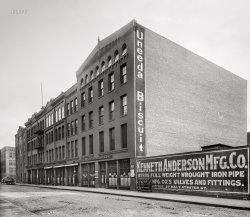 Detroit circa 1911. "National Biscuit Co." Manufacturers of the once-ubiquitous Uneeda Biscuit as well as its obliviated sibling, the Uneeda Jinjer Wayfer. (Proximity notwithstanding, something tells us that no amount of glib sloganeering will ever turn Byers Full Weight Wrought Iron Pipe into an impulse purchase.) Detroit Publishing glass negative. View full size.