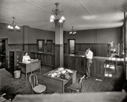 &nbsp; &nbsp; &nbsp; &nbsp; UPDATE: Click here for Part 2.
May 22, 1911. "Buhl Stamping Co., Detroit, Mich. Office from inside." Manufacturer of milk cans and tubular lanterns. 8x10 glass negative, Detroit Publishing Company. View full size.