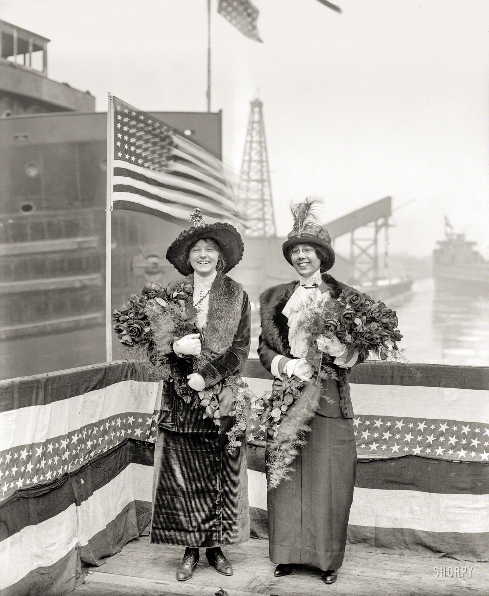March 8, 1913. Wyandotte, Michigan. "Steamers A.D. MacTier and F.P. Jones, sponsors." 8x10 inch dry plate glass negative. View full size.