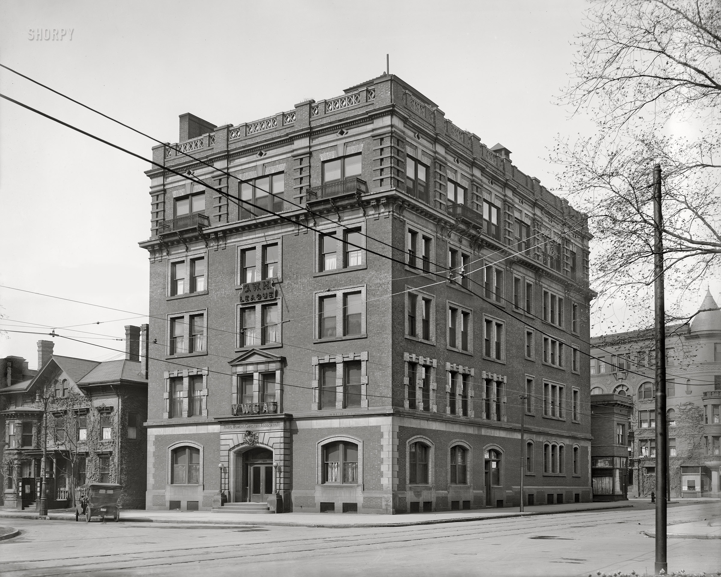 Detroit circa 1910. "Y.W.C.A., Washington Boulevard and Clifford Street." The building last glimpsed here. 8x10 inch glass negative, Detroit Publishing Company. View full size.