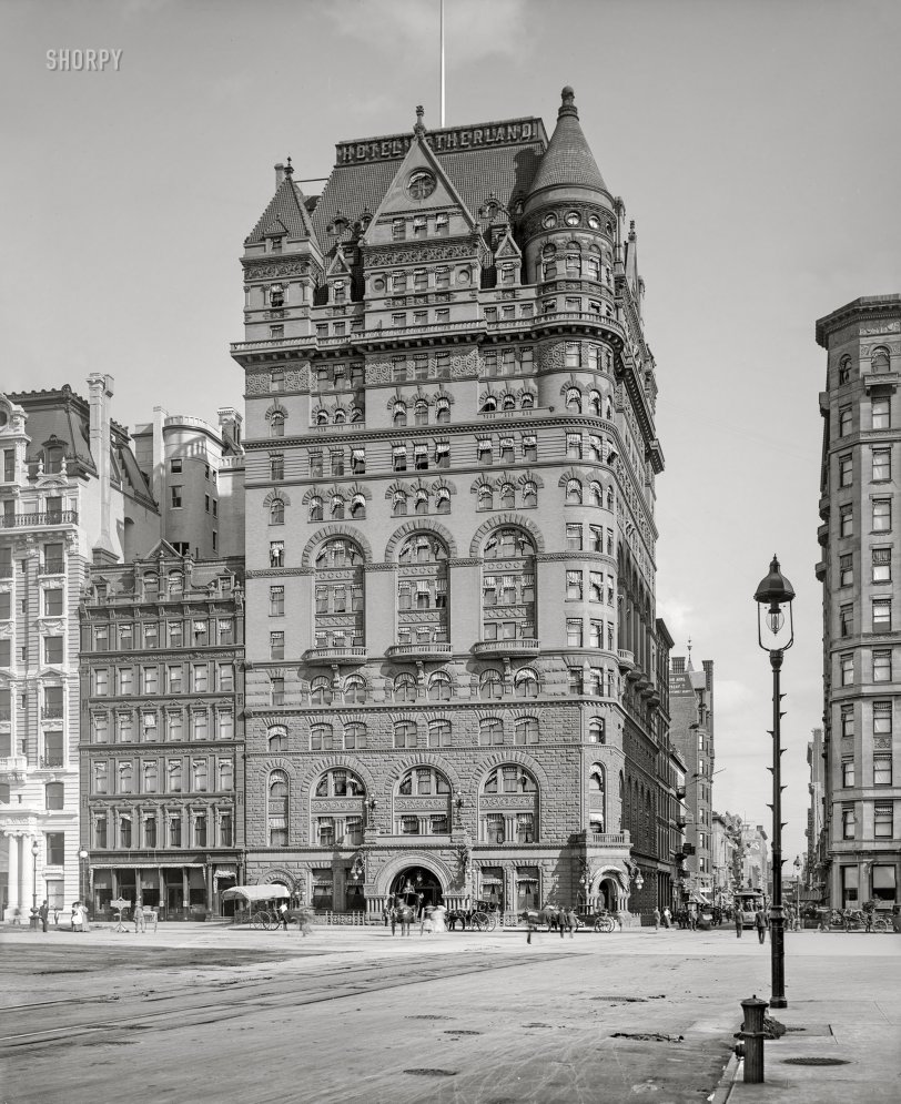 New York, 1905. "Hotel Netherland, Fifth Avenue and 59th Street." 8x10 inch dry plate glass negative, Detroit Photographic Company. View full size.

