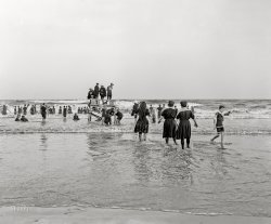 The Jersey Shore circa 1907. "Lifesavers on the lookout." The Atlantic City Beach Patrol is watching you. 8x10 inch dry plate glass negative, Detroit Publishing Company. View full size.