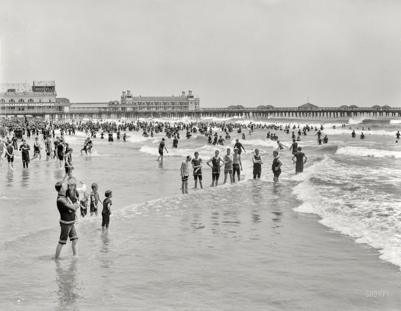 Atlantic City circa 1908. "Bathing beach and Steeplechase Pier." With signs advertising Vaudeville as well as what may or may not be the restrooms. 8x10 inch dry plate glass negative, Detroit Publishing Company. View full size.
