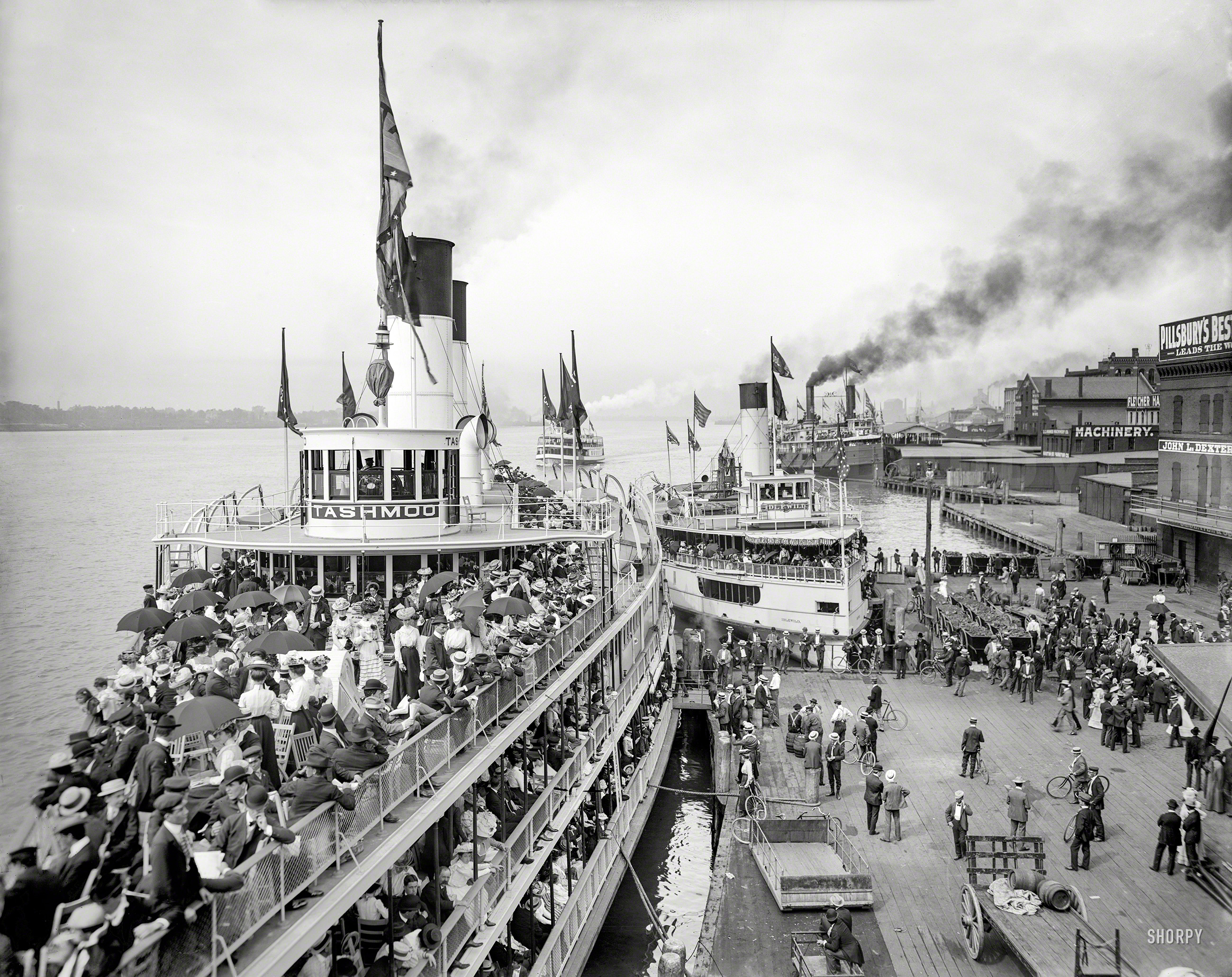 Circa 1901. "Excursion steamers Tashmoo and Idlewild at wharves." At least our third look at these day-trippers tied up at the Detroit River wharf, in a sort of Shorpy version of "Groundhog Day." 8x10 inch glass negative. View full size.