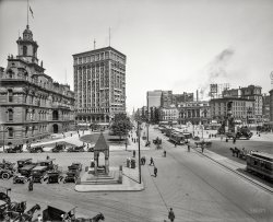 1912. "Campus Martius, City Hall and Detroit Opera House." Other points of interest in this view along Woodward Avenue at Fort Street include the Bagley Memorial Fountain, Soldiers' and Sailors' Monument and Majestic Building. 8x10 inch glass negative, Detroit Publishing Company. View full size.