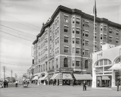 Atlantic City circa 1913. "The Alamac (formerly Young's Hotel), Boardwalk at Tennessee Avenue." 8x10 inch dry plate glass negative, Detroit Publishing Company. View full size.