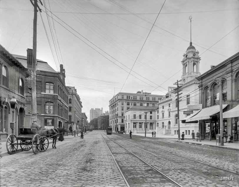 Portland, Maine, circa 1909. "Congress Street south from Market." At right, City Hall in the final stages of construction. 8x10 inch glass negative. View full size.
