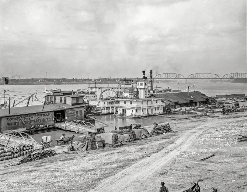 Circa 1905. "Ohio River levee at Louisville, Kentucky." Note the "U.S. Life Saving Station." 8x10 inch glass negative, Detroit Publishing Company. View full size.
