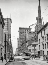 Cincinnati again circa 1907. "Fourth Street west from Main." The WURLITZER sign makes its umpteenth appearance on these pages. 8x10 inch dry plate glass negative, Detroit Publishing Company. View full size.