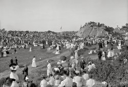 1907. "Unveiling tablet commemorating first settlement of Massachusetts Bay Colony. Stage Fort Park, Gloucester." 8x10 glass negative. View full size.
You can helpThe restoration project.
The RockA rock about this size is what I was expecting to see the first time I went to Plymouth Rock. Wow, was I in for a surprise.
How it looks todayThis rock is about 10 minutes from my house, so I took a drive over to take the same photo as it looks today. Couldn't quite get the same angle due to trees obstructing the view.
(The Gallery, DPC)