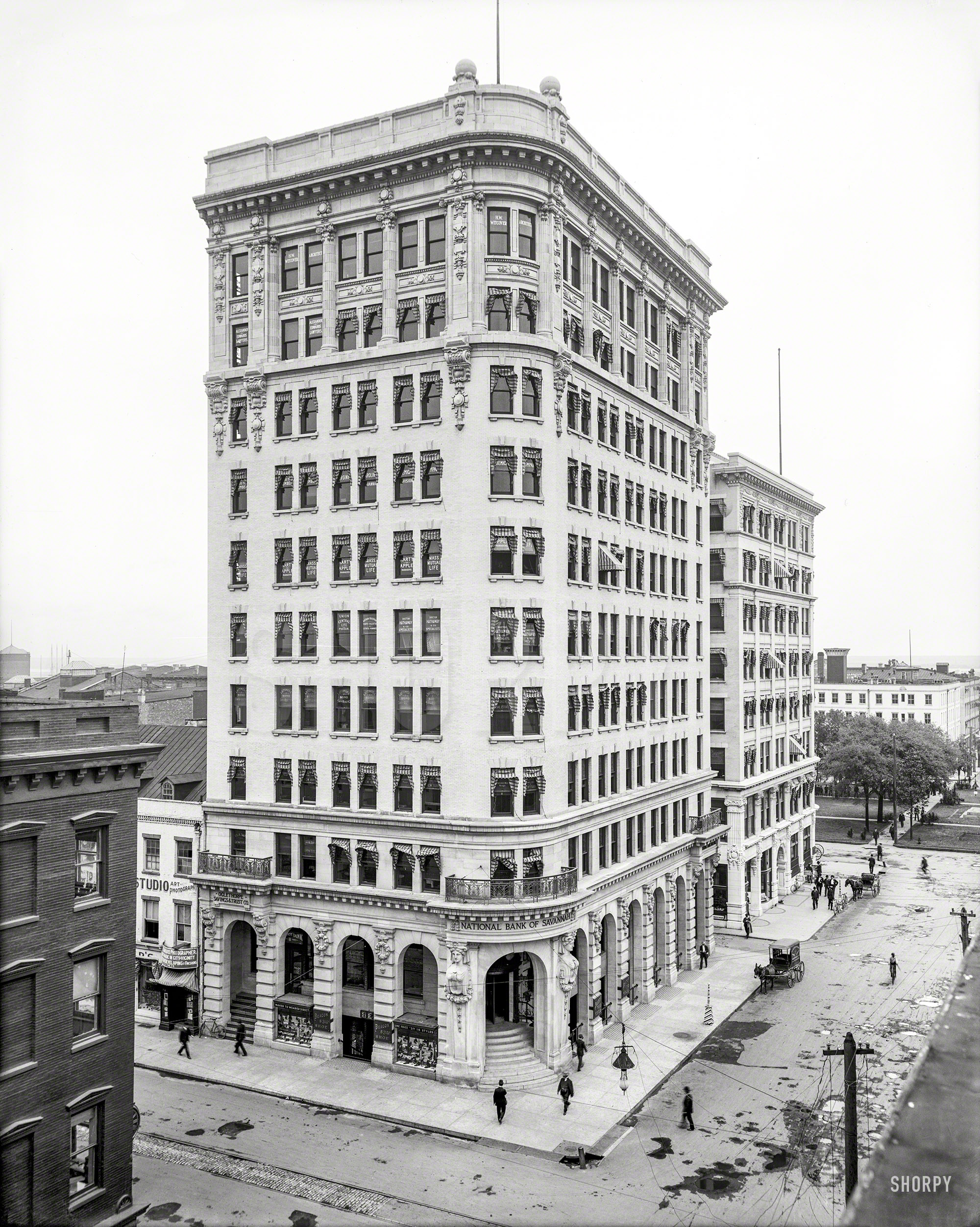 Georgia circa 1907. "National Bank of Savannah, Bull Street." Completed 1905; demolished 1975. 8x10 inch glass negative, Detroit Publishing Co. View full size.