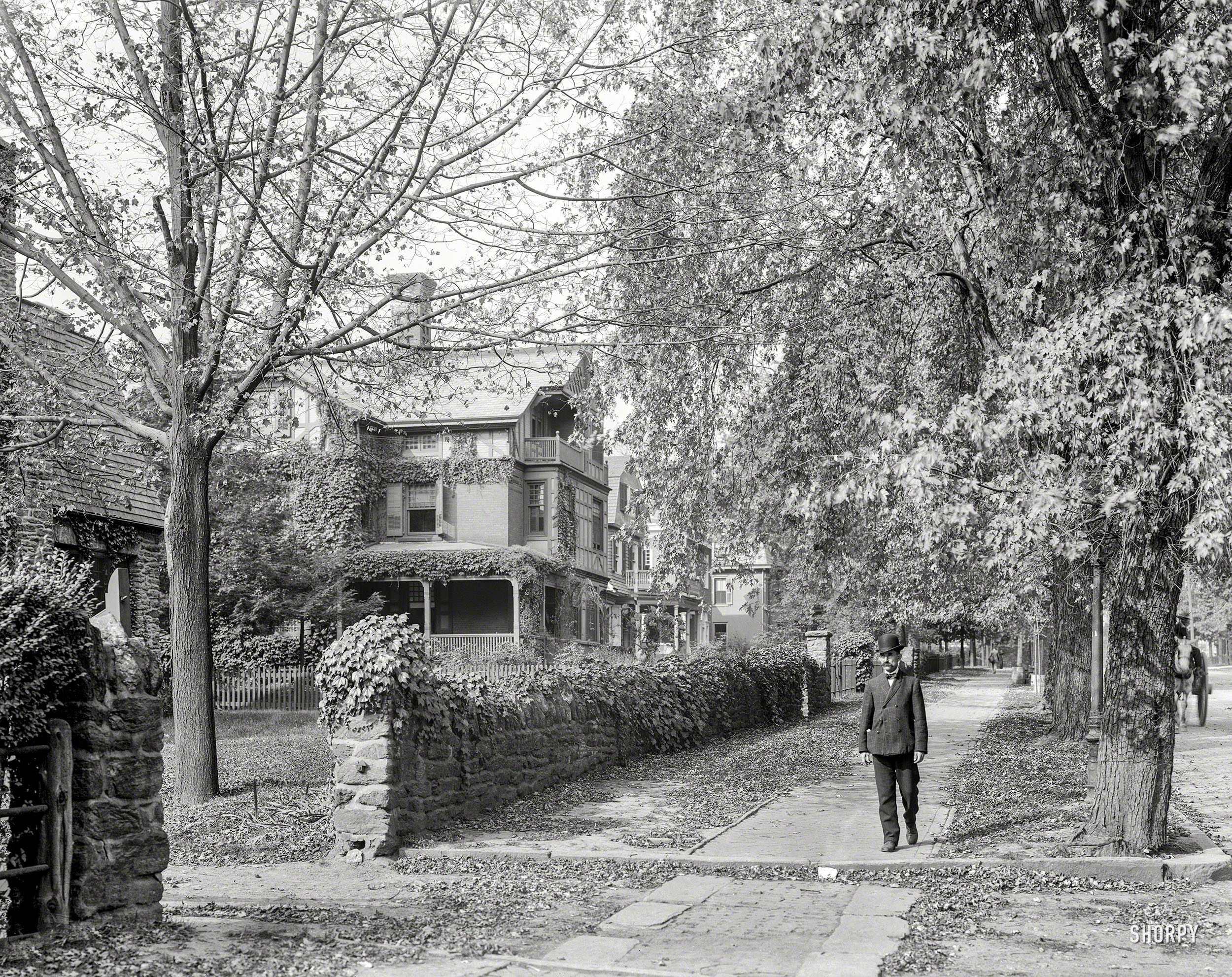 Philadelphia circa 1908. "Germantown -- Wayne Avenue." With, for all we know, Wayne himself. 8x10 inch glass negative, Detroit Publishing Co. View full size.
