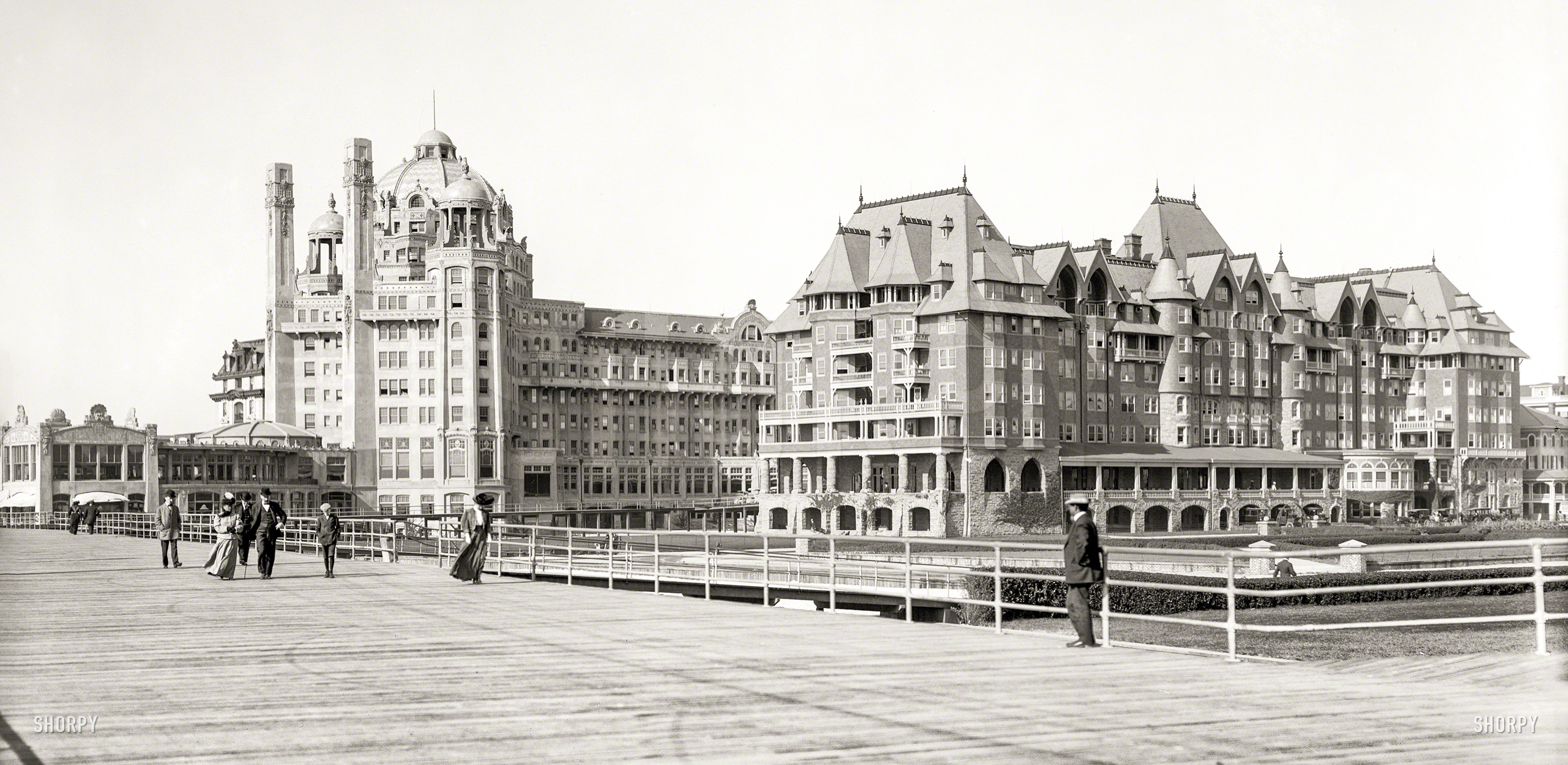 The Jersey Shore circa 1908. "Marlborough-Blenheim hotel and Boardwalk, Atlantic City." 8x10 inch dry plate glass negative. View full size.