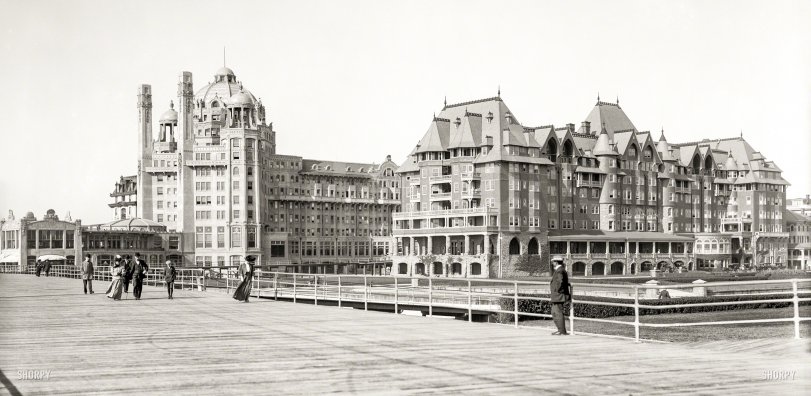The Jersey Shore circa 1908. "Marlborough-Blenheim hotel and Boardwalk, Atlantic City." 8x10 inch dry plate glass negative. View full size.
