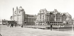 The Jersey Shore circa 1908. "Marlborough-Blenheim hotel and Boardwalk, Atlantic City." 8x10 inch dry plate glass negative. View full size.