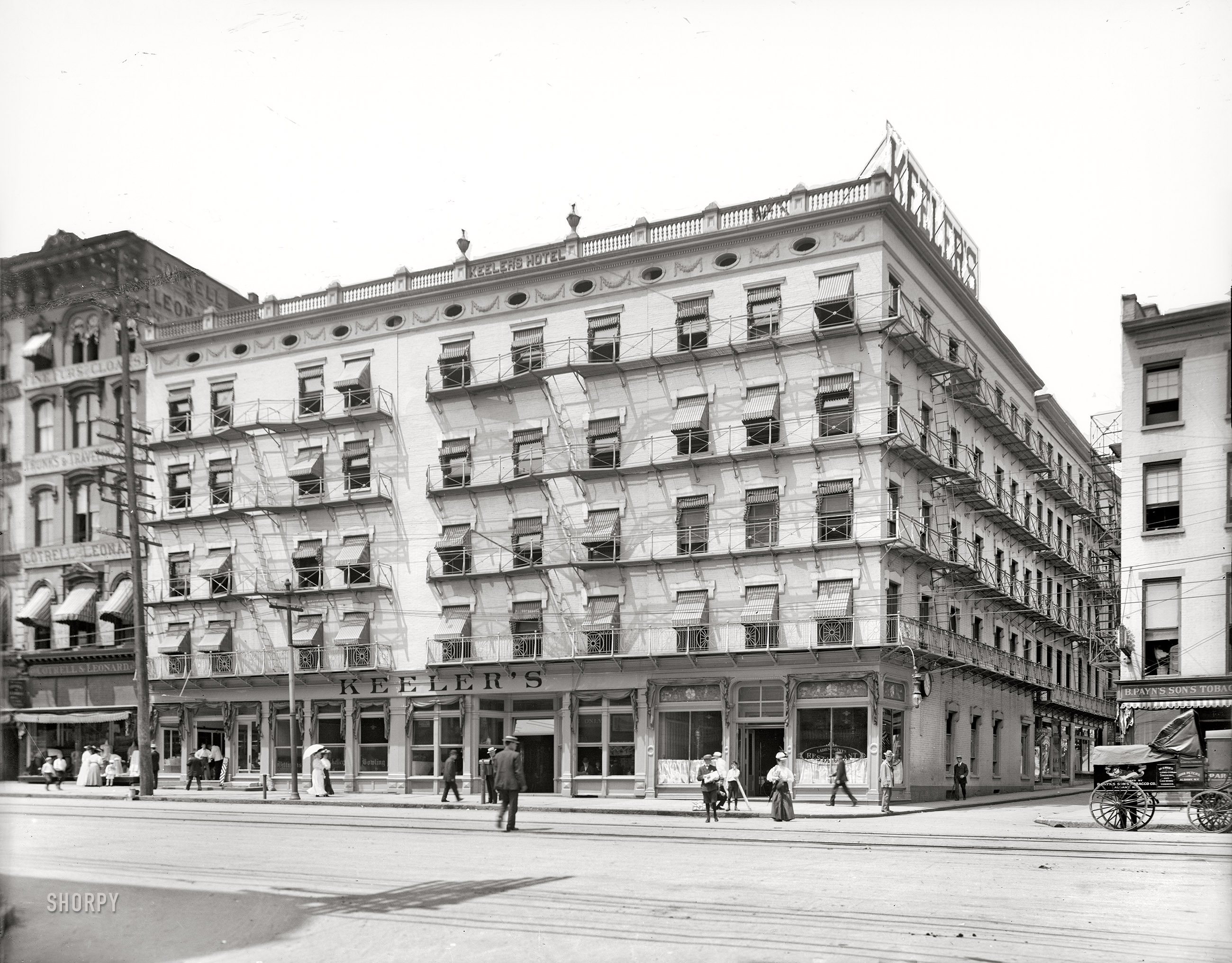 1908. "Keeler's Hotel, Albany, N.Y." The fire-escape-festooned establishment last glimpsed here. 8x10 inch dry plate glass negative, Detroit Publishing Company. View full size.