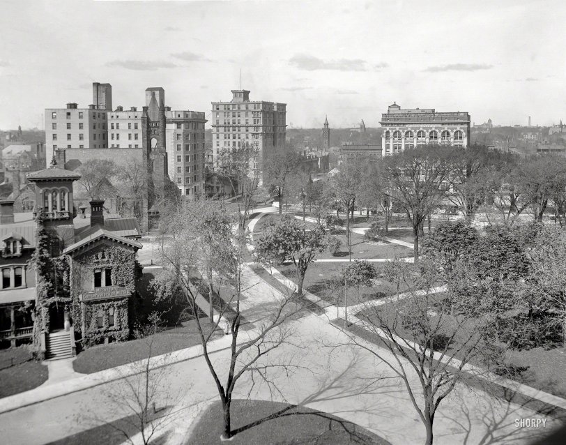 Detroit circa 1908. "Corner of Grand Circus Park." If a circle can be said to have a corner. Maybe more like a pie slice. 8x10 inch glass negative. View full size.