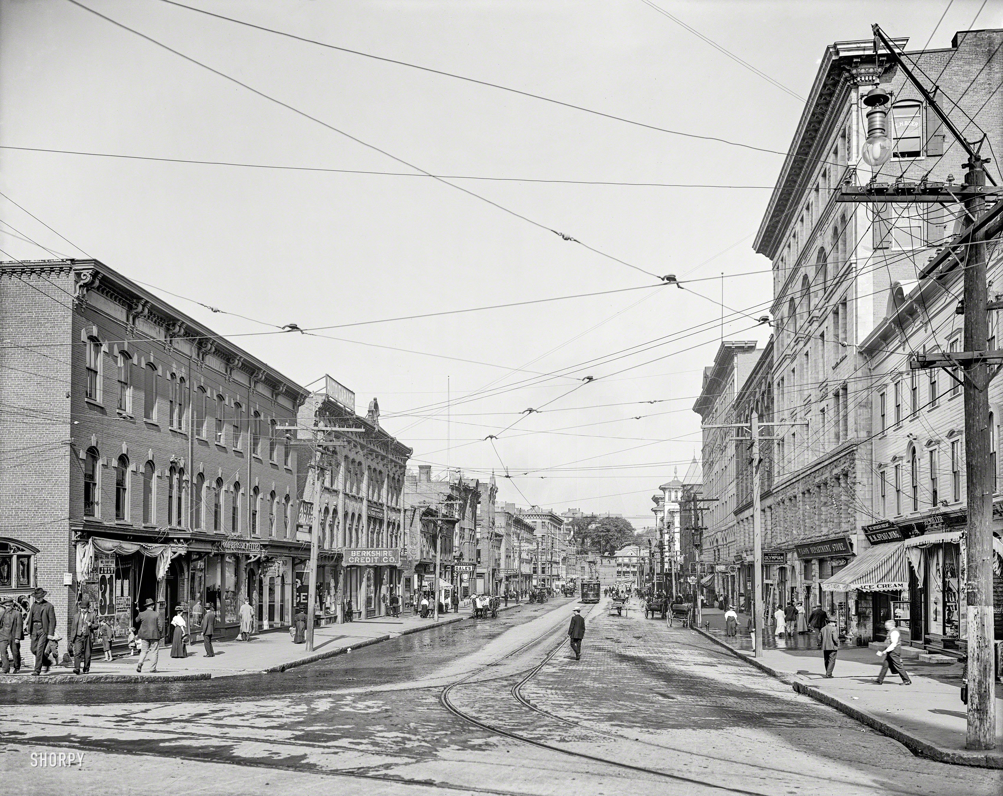 Circa 1907. North Adams, Massachusetts. "Main Street, looking west." Last seen here, looking the other way. 8x10 inch glass negative. View full size.