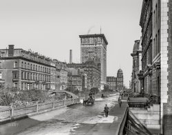 New York circa 1908. "Murray Hill and Belmont Hotels, Park Avenue." The old Grand Central Station in the distance. 8x10 inch glass negative, Detroit Publishing Company. View full size.