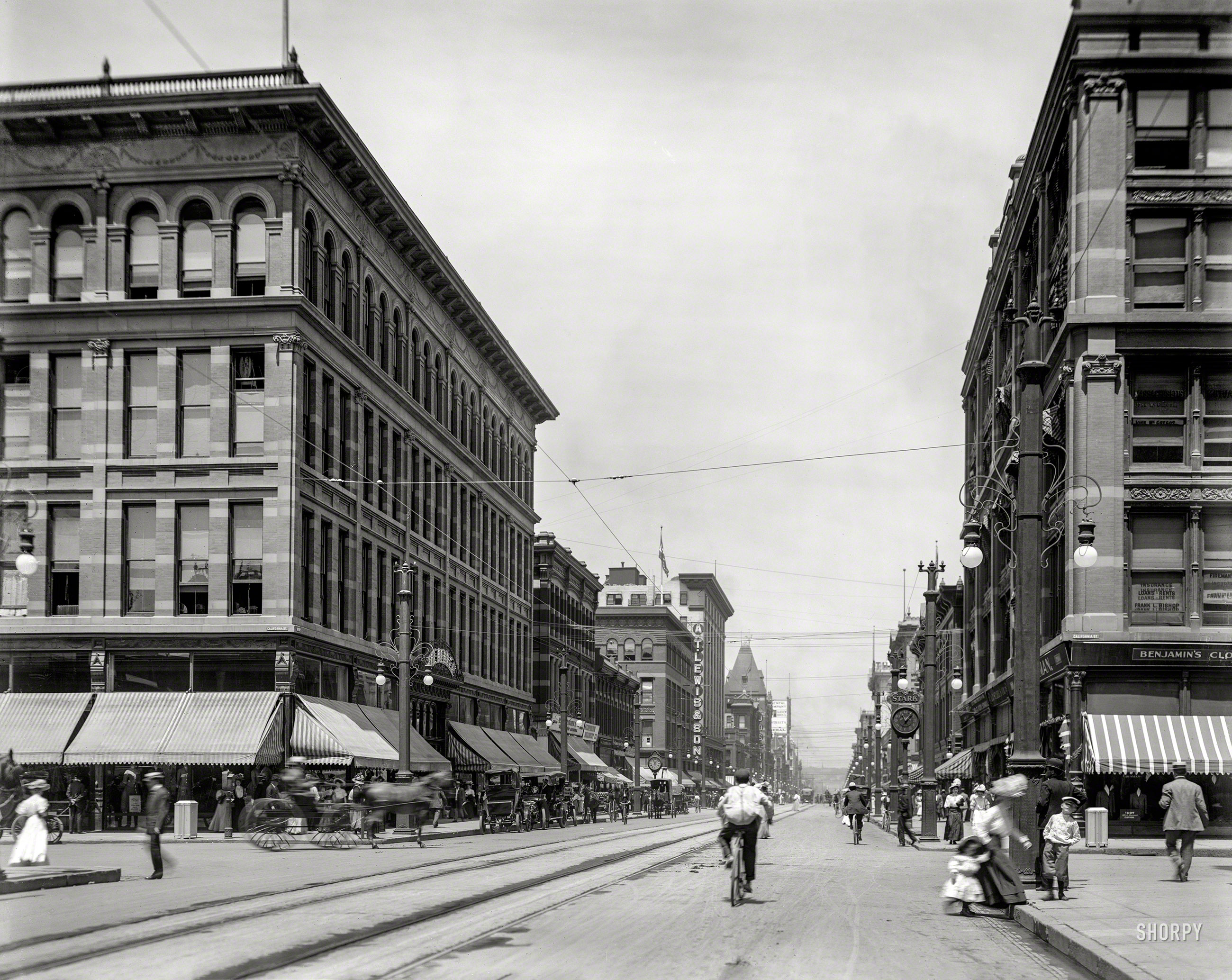 Denver, Colorado, circa 1908. "Sixteenth Street at California Street." At 11:06. 8x10 inch dry plate glass negative, Detroit Publishing Company. View full size.