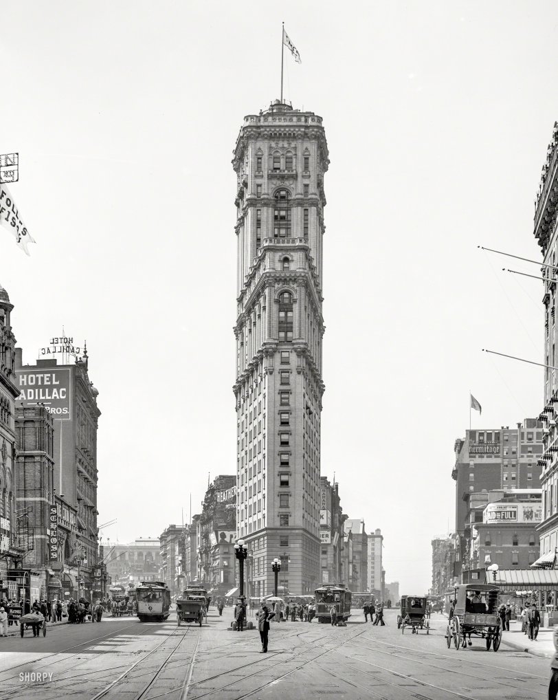 Manhattan circa 1908. "Times Square and New York Times building." Now playing at the Astor: "Paid in Full." 8x10 inch glass negative. View full size.
