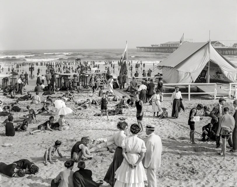 The Jersey Shore circa 1908. "The bathing hour, Atlantic City." 8x10 inch dry plate glass negative, Detroit Publishing Company. View full size.
