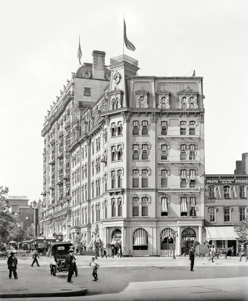Washington, D.C., circa 1908. "The Raleigh." What was originally the Shepherd Centennial Building, at the corner of 12th Street N.W. and Pennsylvania Avenue, now serving as a hotel, along with a newer and much larger annex just to the north. In 1911 the Shepherd building would be razed and replaced with an expansion of the annex, resulting in the megahotel that survived until 1964. (Next door: the studio of M. Kets Kemethy, Photographer.) View full size.
