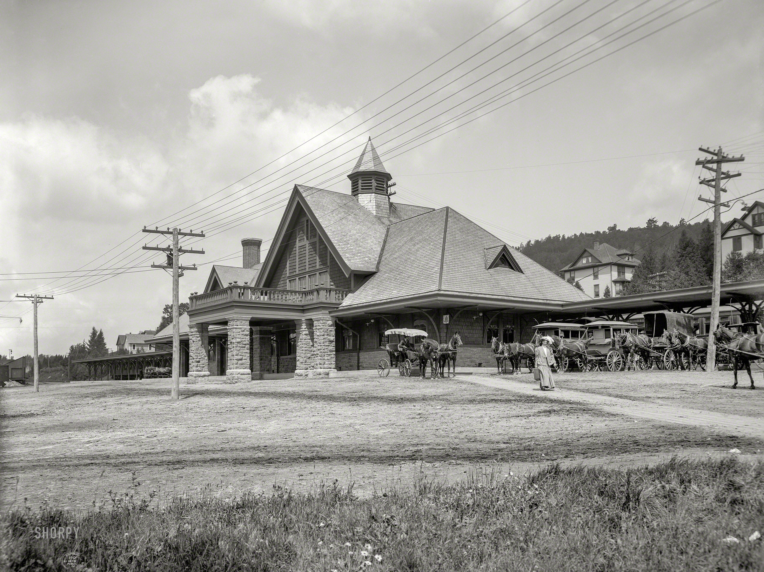 Circa 1909. "Central Station, Saranac Lake, Adirondack Mountains, N.Y." 8x10 inch dry plate glass negative, Detroit Publishing Company. View full size.