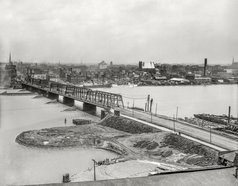 Circa 1909. "Water front -- Toledo, O." The Cherry Street Bridge over the Maumee River. 8x10 inch dry plate glass negative, Detroit Publishing Co. View full size.
