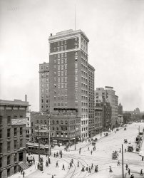 Circa 1910. "Northeast corner, High and Broad Streets, Columbus, O." Rising above it all: the Capital Trust Building on Capitol Square. 8x10 inch glass negative. View full size.