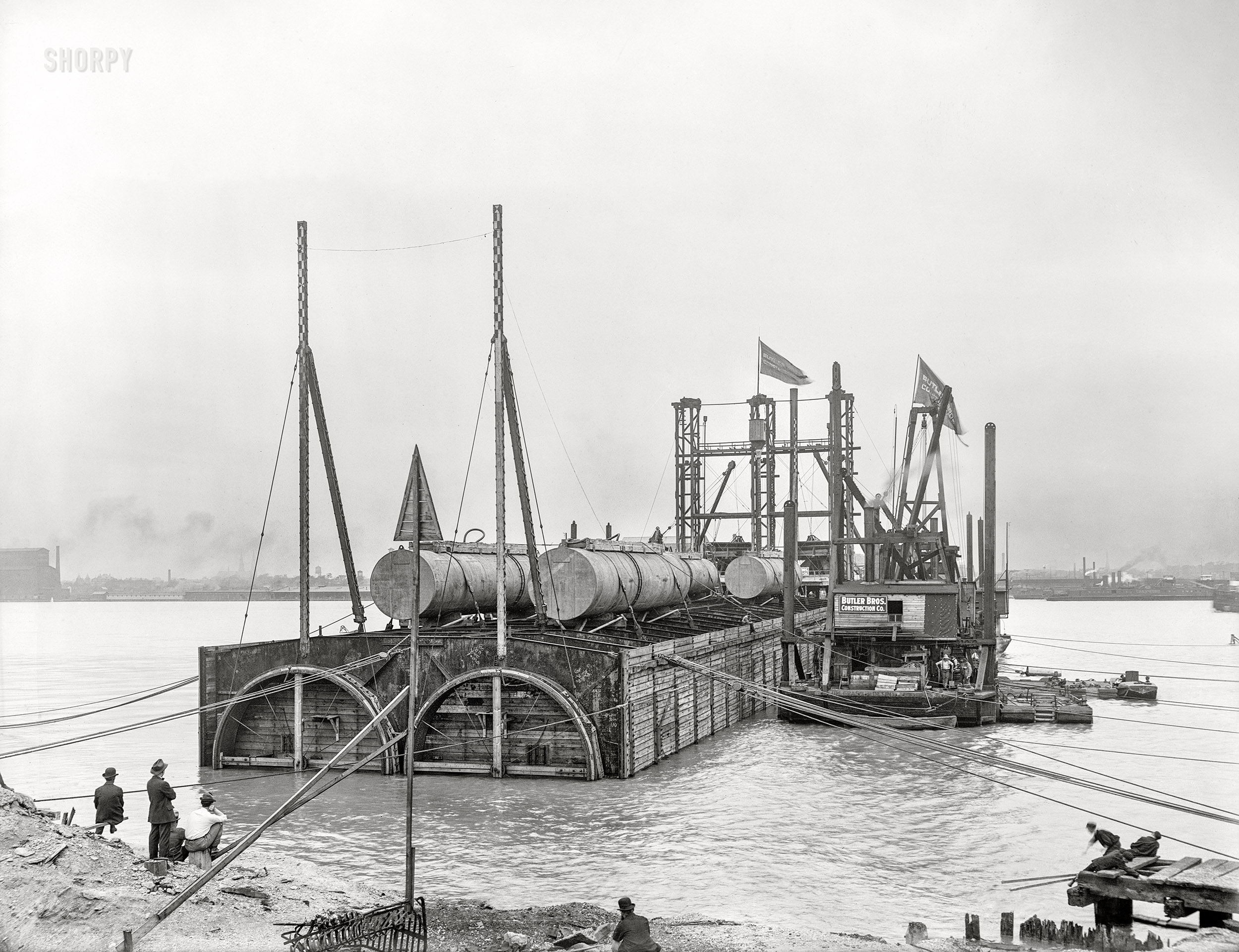 The Detroit River circa 1910. "Michigan Central R.R. tunnel -- sinking the last tubular section. W.S. Kinnear, Chief Engineer, Butler Bros. Construction Co., contractors." 6½ x 8½ inch dry plate glass negative, Detroit Publishing Company. View full size.