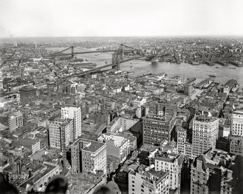 New York circa 1910. "East River bridges from the Singer Tower" -- the Brooklyn, Manhattan and Williamsburg spans. 8x10 inch glass negative, Detroit Publishing Company. View full size.
