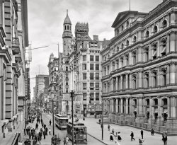 Philadelphia circa 1909. "Chestnut Street and Post Office." Neighbor to the Philadelphia Record building and its "electric score board" of baseball results. (Set up to show runs and innings in Roman numerals?!) 8x10 inch dry plate glass negative. View full size.
