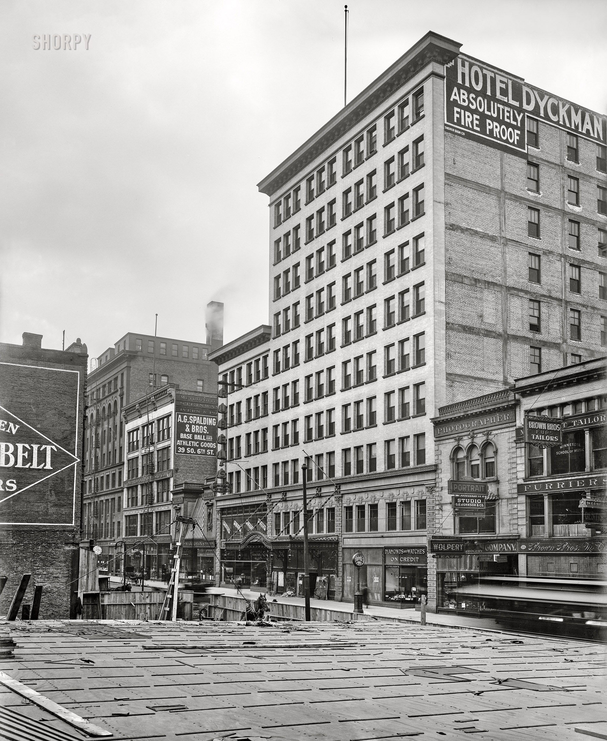 Minneapolis circa 1910. "Hotel Dyckman and Sixth Street." Opened in 1910; demolished in 1979. 8x10 inch dry plate glass negative, Detroit Publishing Company. View full size.