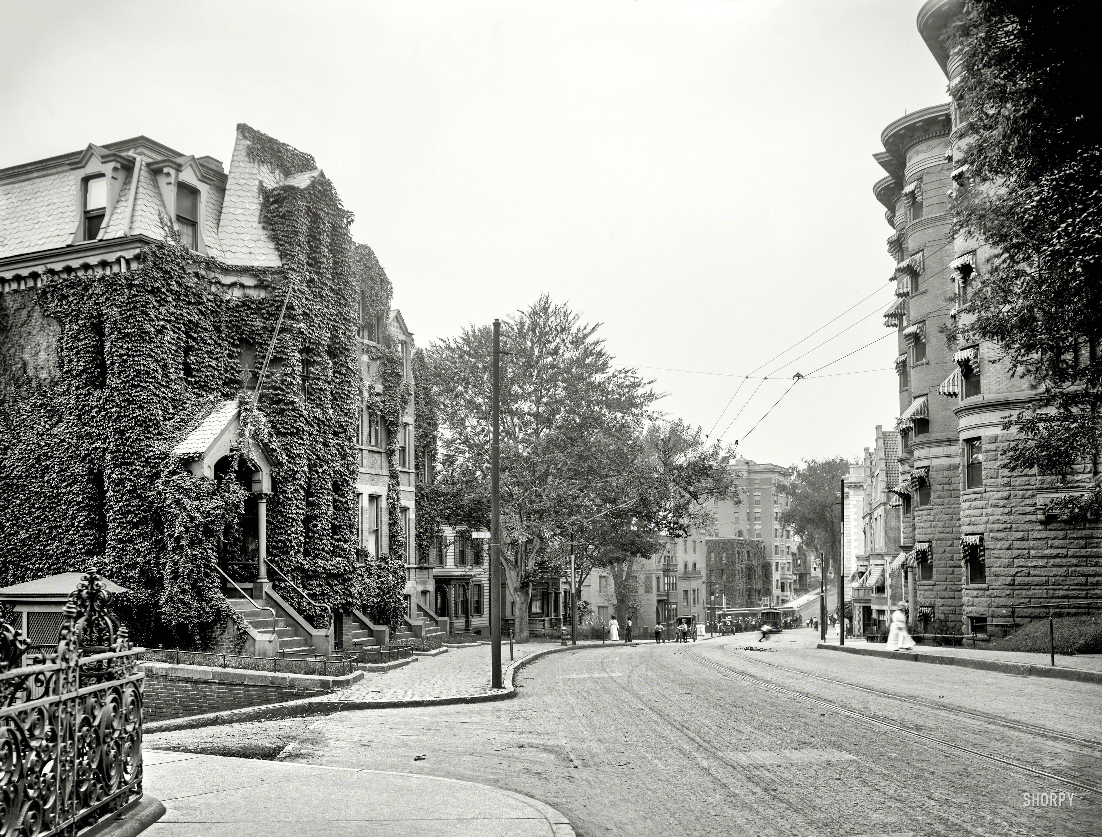Circa 1910. "Maple Street, Springfield, Mass." Where ivy was evidently quite popular. 8x10 inch glass negative, Detroit Publishing Company. View full size.