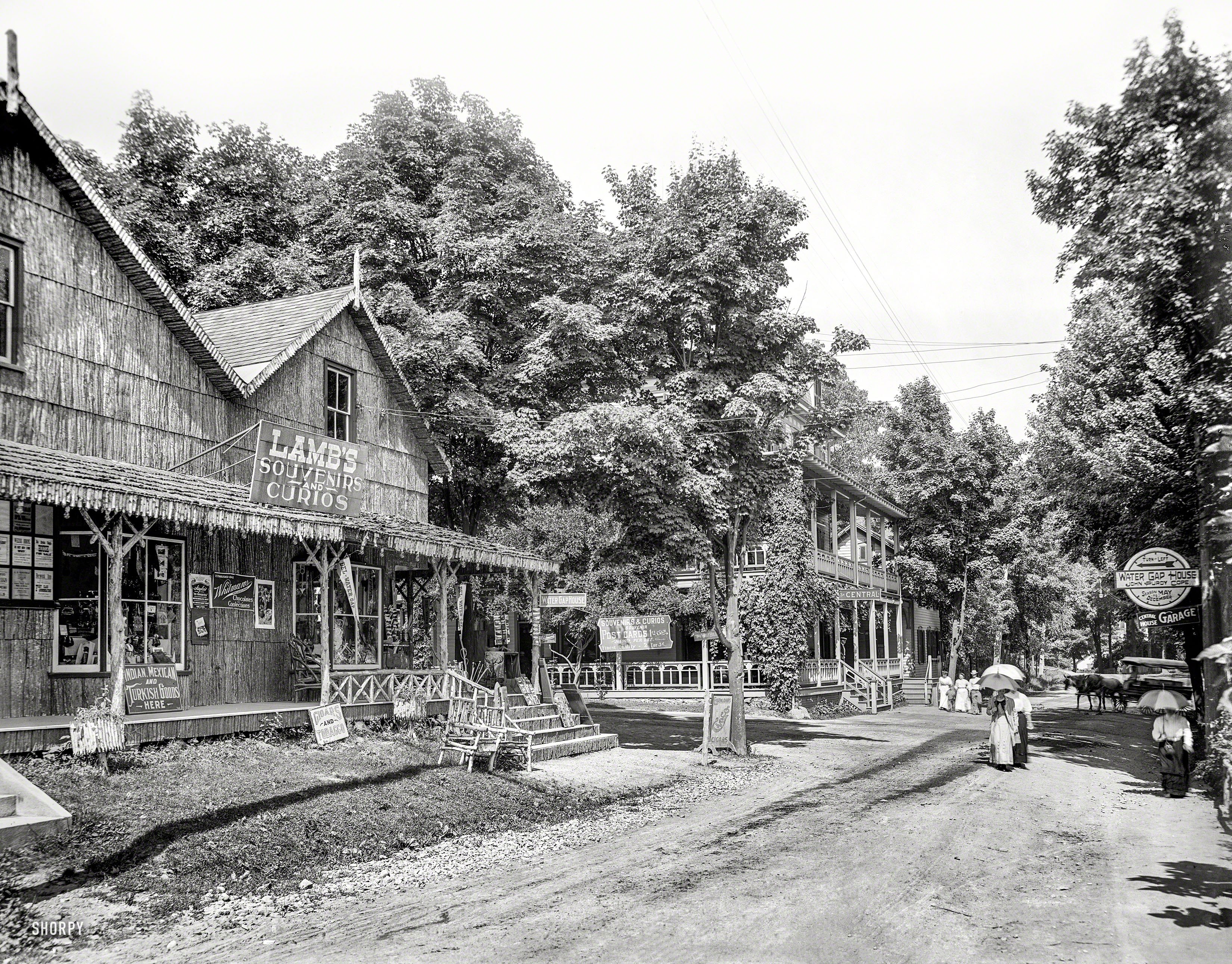 Circa 1905. "Street view, Delaware Water Gap, Pennsylvania." Where the archi&shy;tectural aesthetic seems to be Rustic Twig. 8x10 glass negative. View full size.