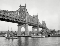 New York circa 1909. "Blackwell's Island Bridge, East River." Blackwell's Island is now Roosevelt Island, and today the span is called the Queensboro (or 59th Street) Bridge. 8x10 inch glass negative, Detroit Publishing Co. View full size.
